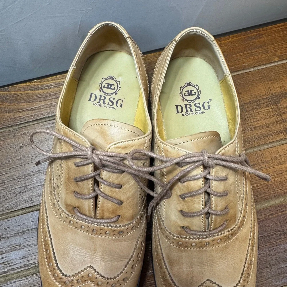 DRSG Tan‎ Leather Wingtip Brogue Oxford Dress Shoes Men's 9.5 US Business Preppy